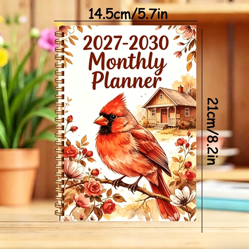 TEMU 1 A5 Size 2027-2030 Monthly Planner - 2027 To December 2030, Four-year Calendar, Watercolor Red Bird Cover Design, Annual Calendar, Month Tabs,