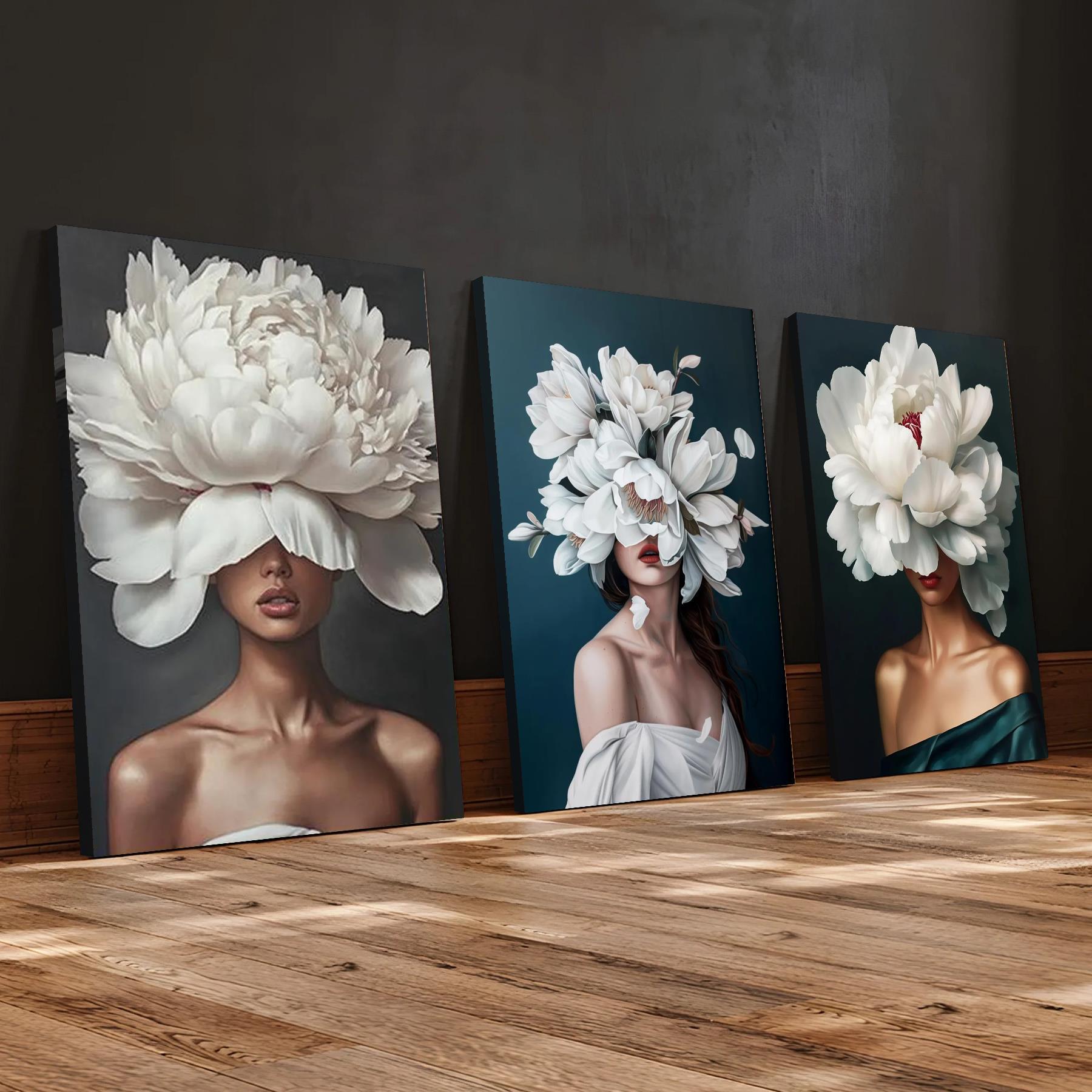2d flat 2d flat 3pcs of wood frame canvas print decorative painting flower head woman framed canvas woman floral portrait flower head woman canvas print interior home wall decoration art