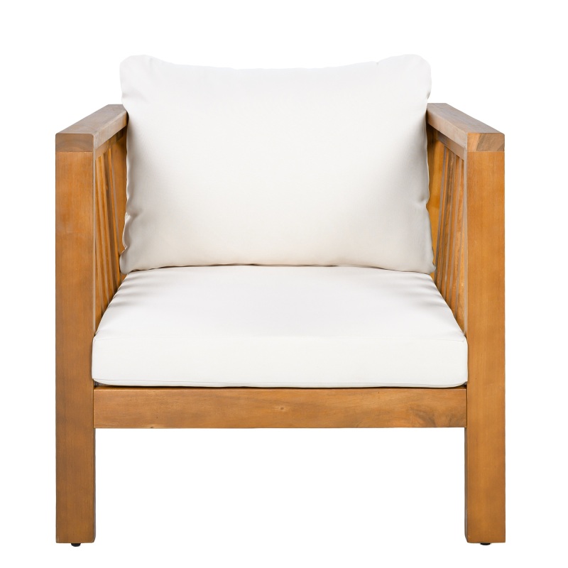 Outdoor Acacia Wood Club Chair with Modern Square Arms, Patio Chair with Thick Cushion, Adjustable Leveling Feet for Poolside, Backyard And Deck, Beige Cushion
