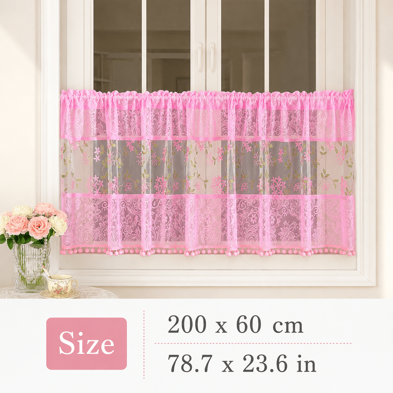 TEMU 1pc Pink Sheer Cafe Valance Curtain With Dark Pink Hydrangea Embroidery And Pom Pom Trim, Short Kitchen Curtain