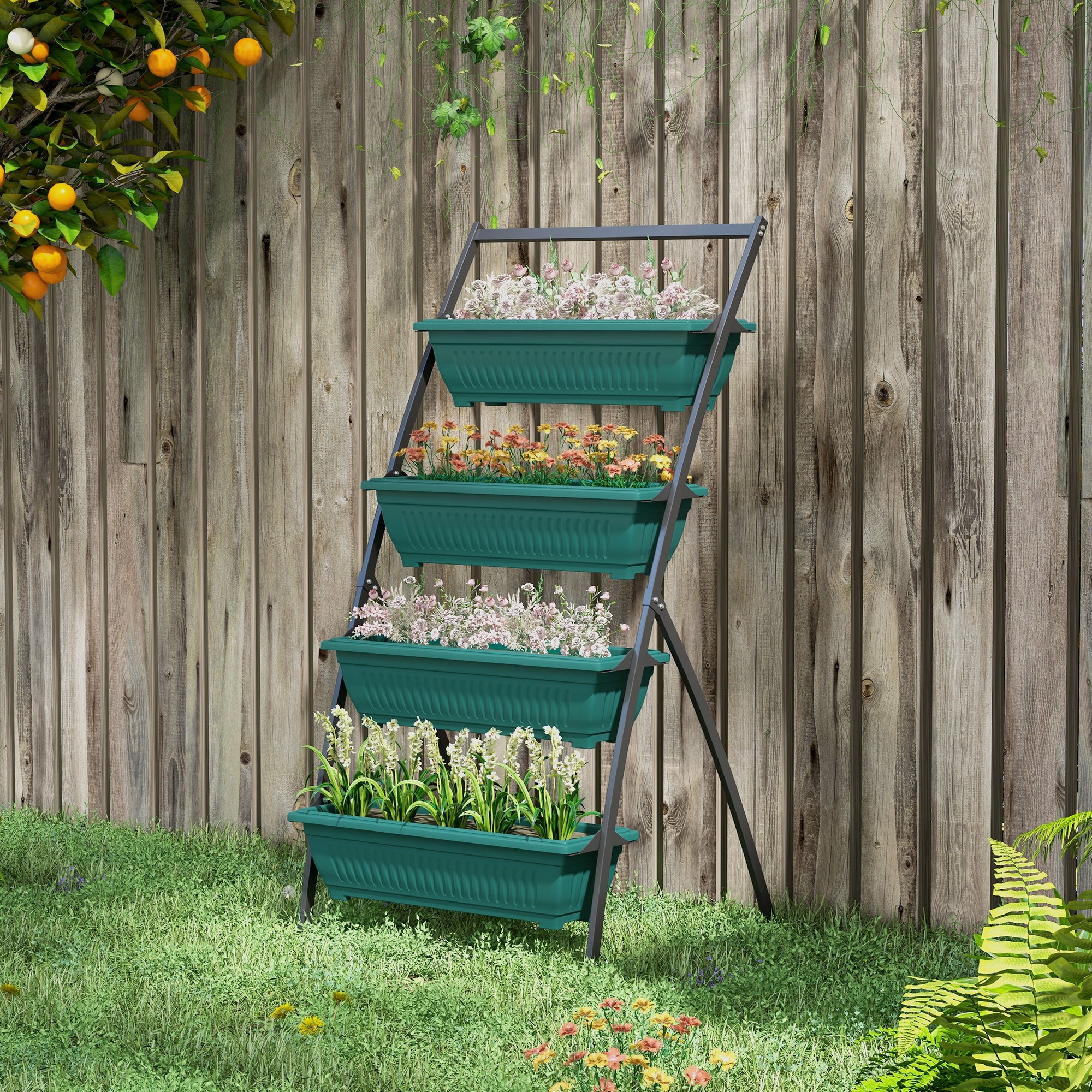 4-Tier Raised Metal Garden Bed with 4 Planter Boxes - Powder-Coated Outdoor/ Vertical Flower & Planter, Corrugated-like Grid Design, Drainage Holes & Sturdy Frame for Balcony,, Small Spaces (Green)