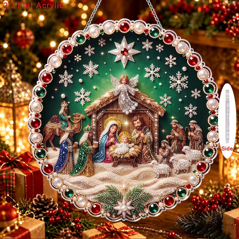 TEMU 2d Flat, Full Set Diy Nativity Scene Rhinestone & Pearl Pendant Kit Suitable For Home Wall Decor, Christmas Ornament Craft With Chain, Nativity