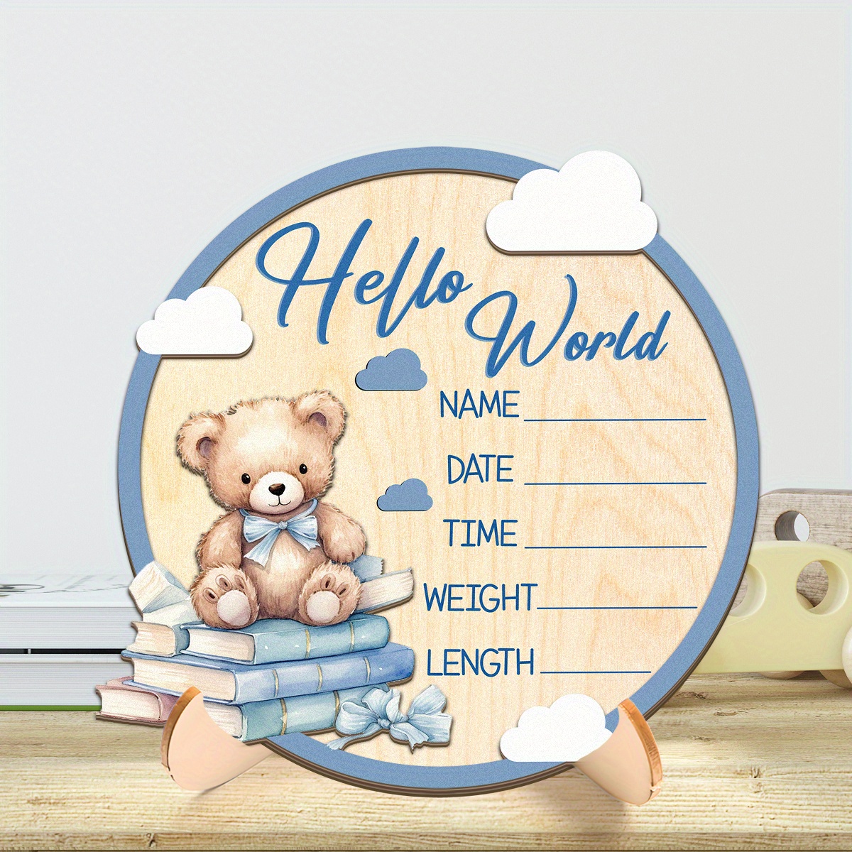 Image of 2d Flat - 1pc "hello World" Wooden Birth Announcement Board | Records Date, Time, Weight, Length, Ideal For Birth Gift And Room Decoration, Bear-shaped Decoration, Multipurpose Use, Boho Style