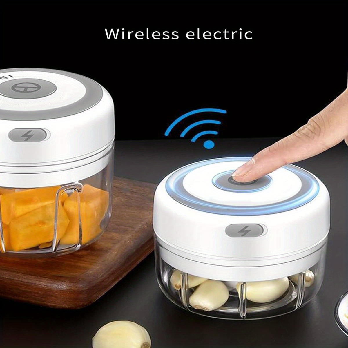   cordless garlic chopper & food processor - 8.45oz mini portable electric-like performance, heavy-duty pc construction,   with clear lid & safety lock, cordless operation for kitchen, camping, picnics - powerful motor for garlic, onion, ginger, meat, veggies, nuts, spices - easy-clean blades & dishwasher safe - ideal for home, office, travel - heavy-duty mini food processor with ergonomic handle &   operation, chopper for food and vegetable, mini food Product details 3