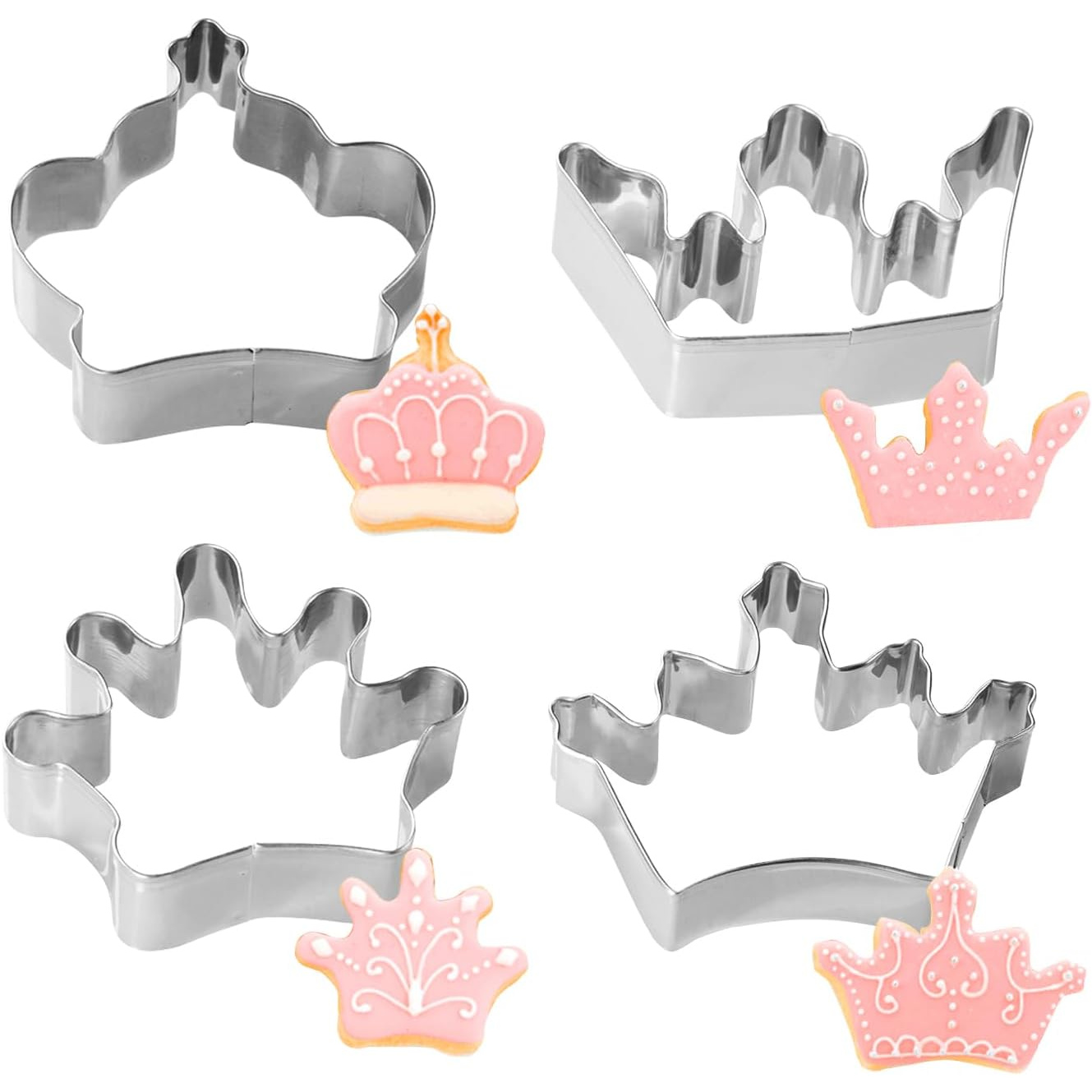 TEMU Princess Cookie Cutter Set - 4pcs, 430 Stainless Steel Crown Cake Molds, 4 Crown Styles Princess Icing Cutters, Silvery, Cutter Fondant Cookie
