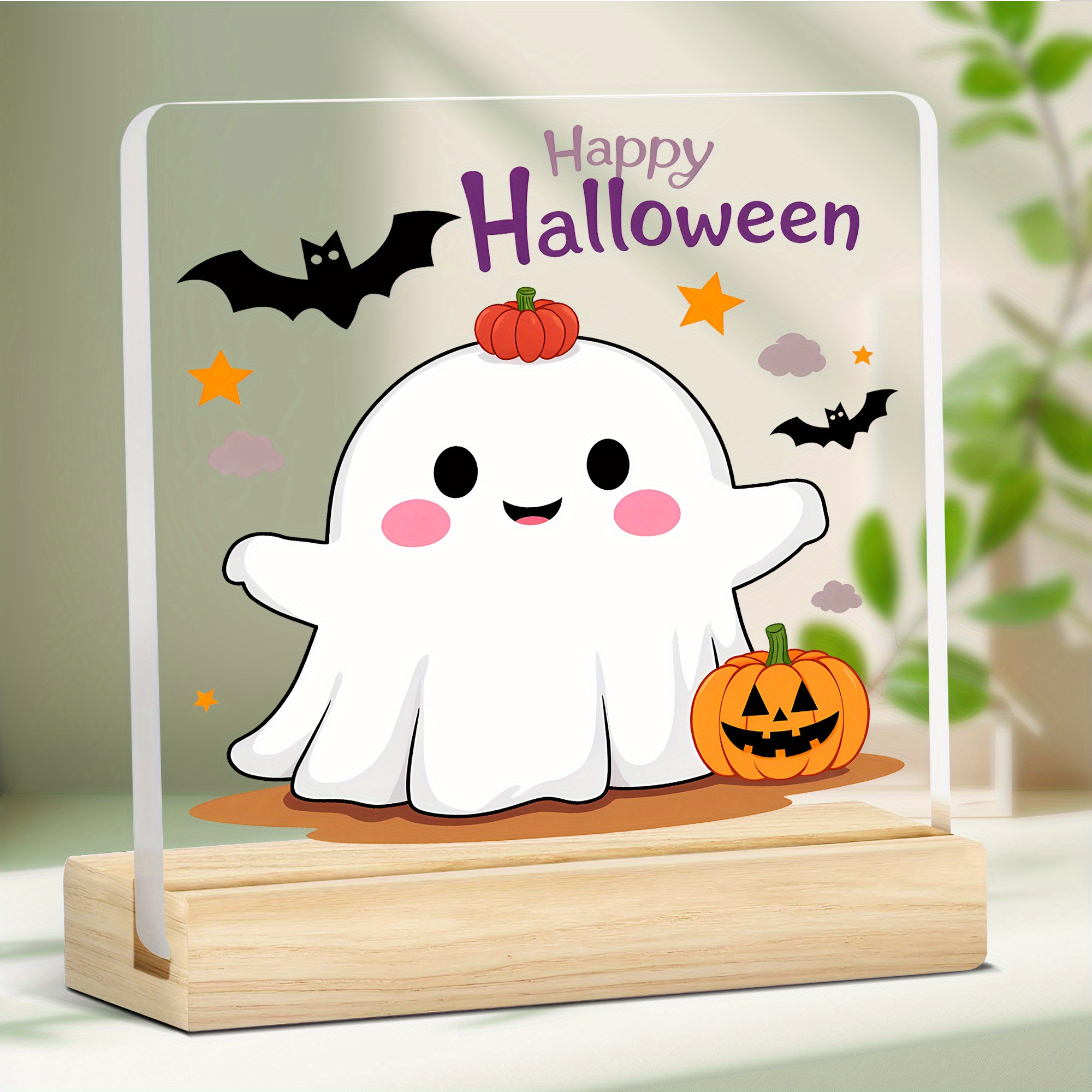 2D Flat, 2D Flat Halloween Pumpkin Acrylic Sign - Cute Kawaii Desk Decor with  -o -Lantern and  , Elegant Autumn Colors   Teens & Educators, 2D Flat
