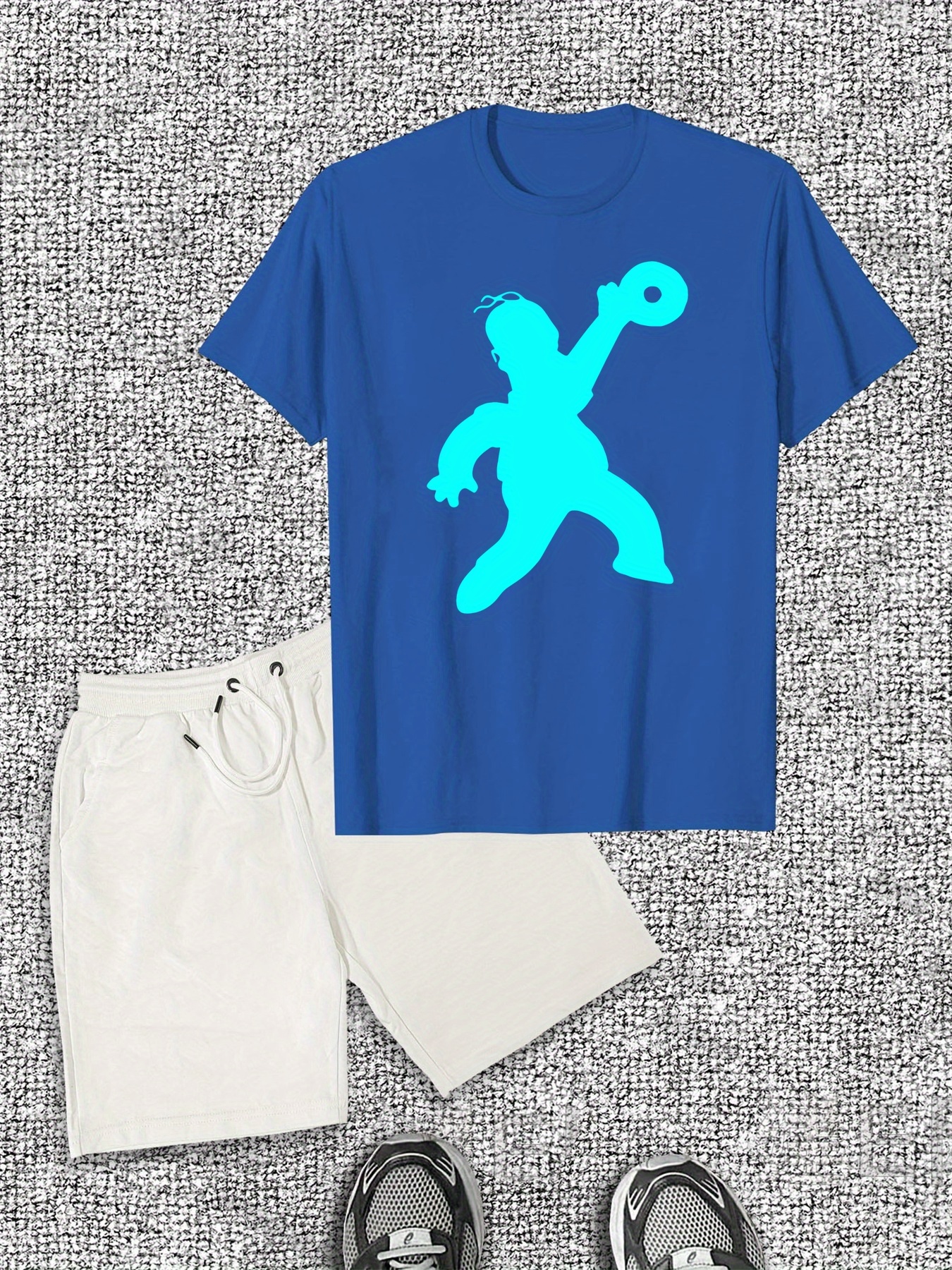 Men'S Casual Summer T-Shirt & Shorts Set, Cotton Crew Neck, Solid Color with Dynamic Cartoon Print, Slight Stretch Fabric, Regular Fit - Ideal for Casual Attir