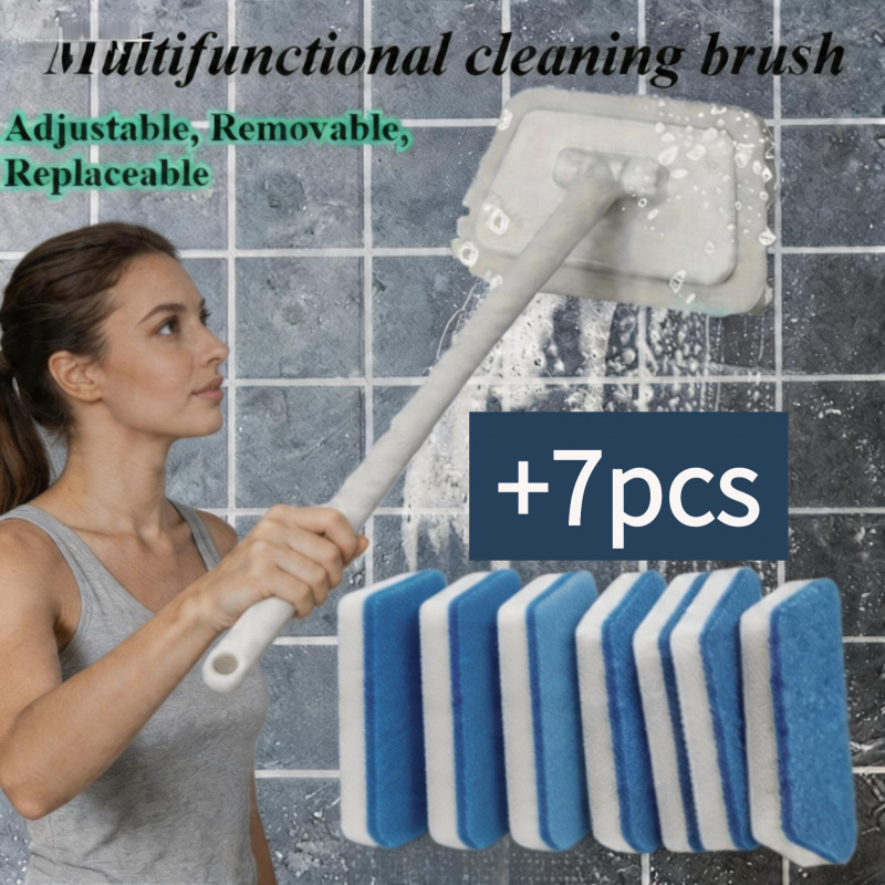 TEMU 8 Adjustable Long-handled Cleaning Brushes, 1 Handle + 7 Replaceable Brush Heads, Powerful Stain-removing Tile Sponge Brush, Suitable For