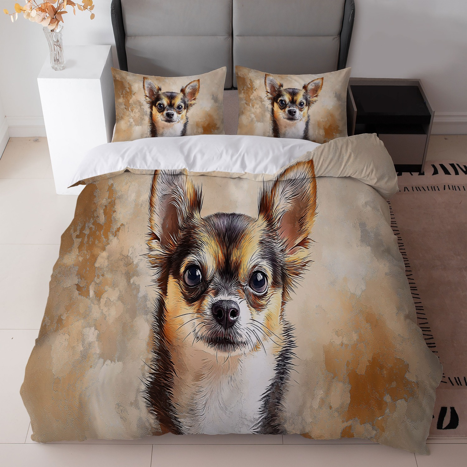 TEMU 3pcs Watercolor Chihuahua Bedding Set - Beige And Print (1duvet Cover   2pillowcase, Without Core) - Perfect For Dog Lovers And Cozy Bedrooms