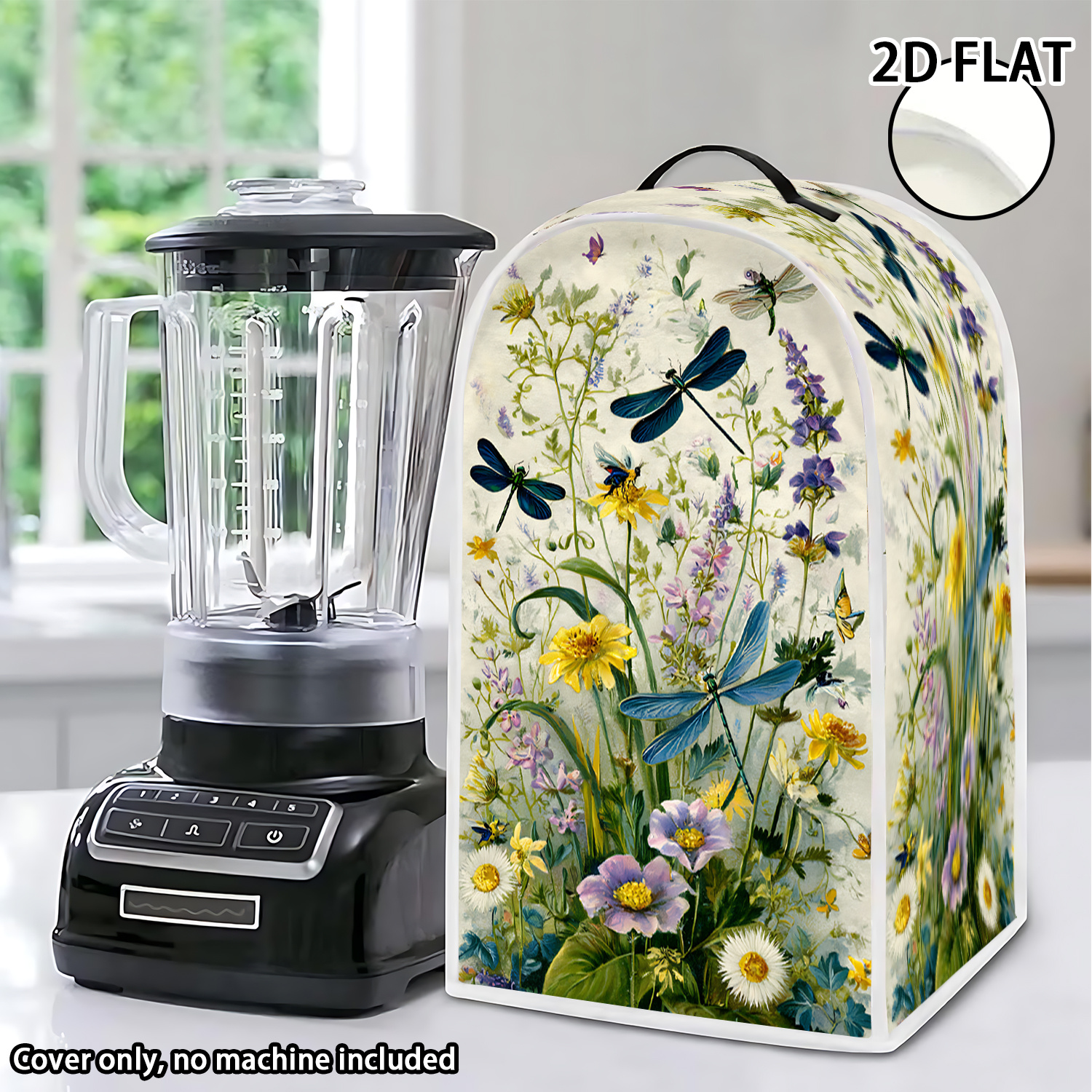 TEMU 2d Flat Decorative Juicer Cover Featuring Dragonflies And Flowers, Blenders, Coffee Makers, Juicers, And Processors , While Enhancing The