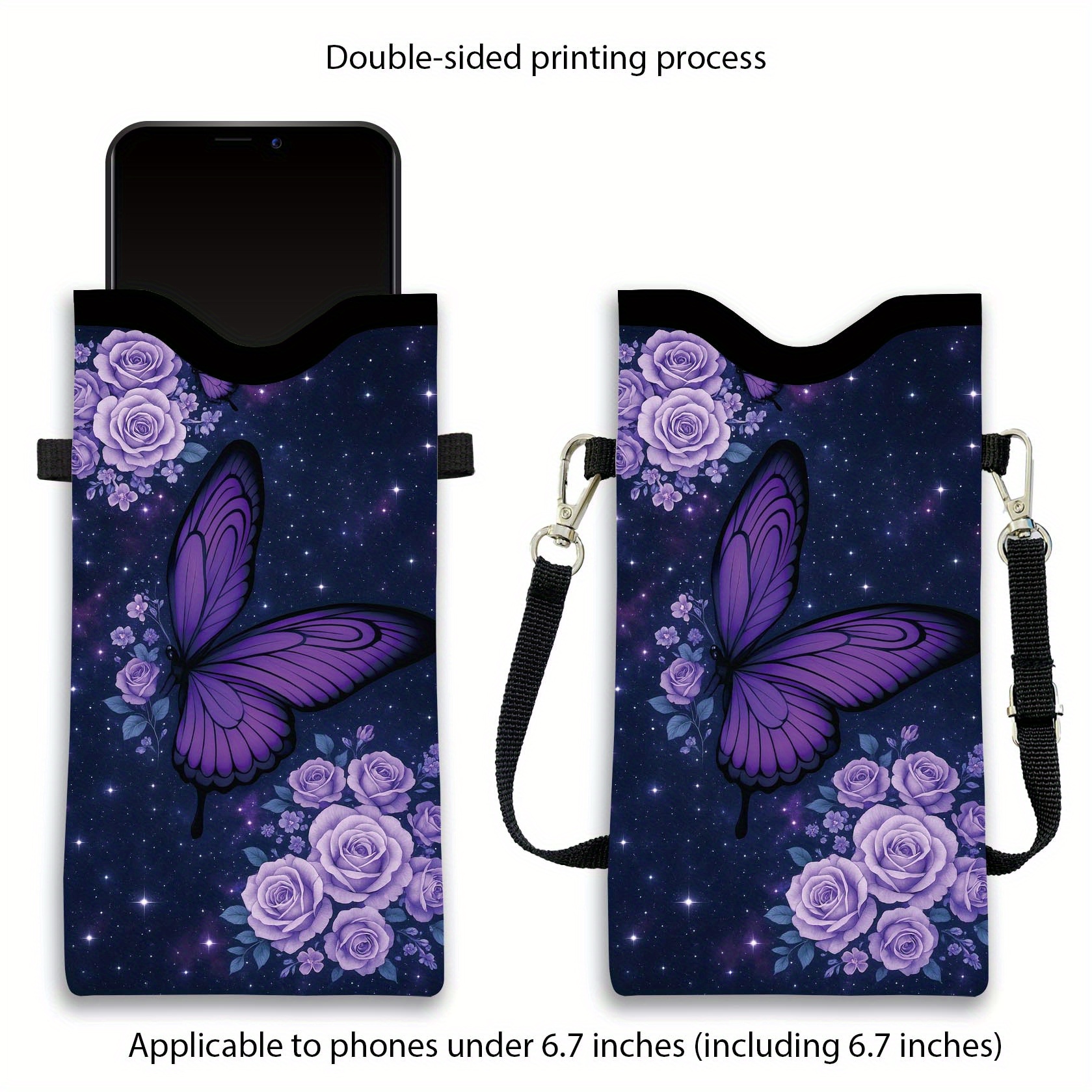 1 bucată Husă Telefon cu Imprimă Fluturi și Trandafiri Violeti pe Fundal Stelat - Curea Reglabilă, Piele Sintetică de Înaltă Calitate, Design Unisex pentru Majoritatea Telefoanelor și Portofelelor, Utilizare Casual și Elegantă Zilnică, Husă Telefon Fluturi, Accesoriu de Călătorie, Stil Modern