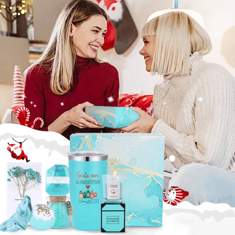 8-dijelni ženski set za spa poklon košaru - Elegantni tirkizni i crveni božićni paket za njegu s izoliranim čašama, mirisnom svijećom, solju za kupanje i sapunom - Dugotrajna svijeća od mješavine soje/čičakovog voska, poklon kutija za rođendane, Božić