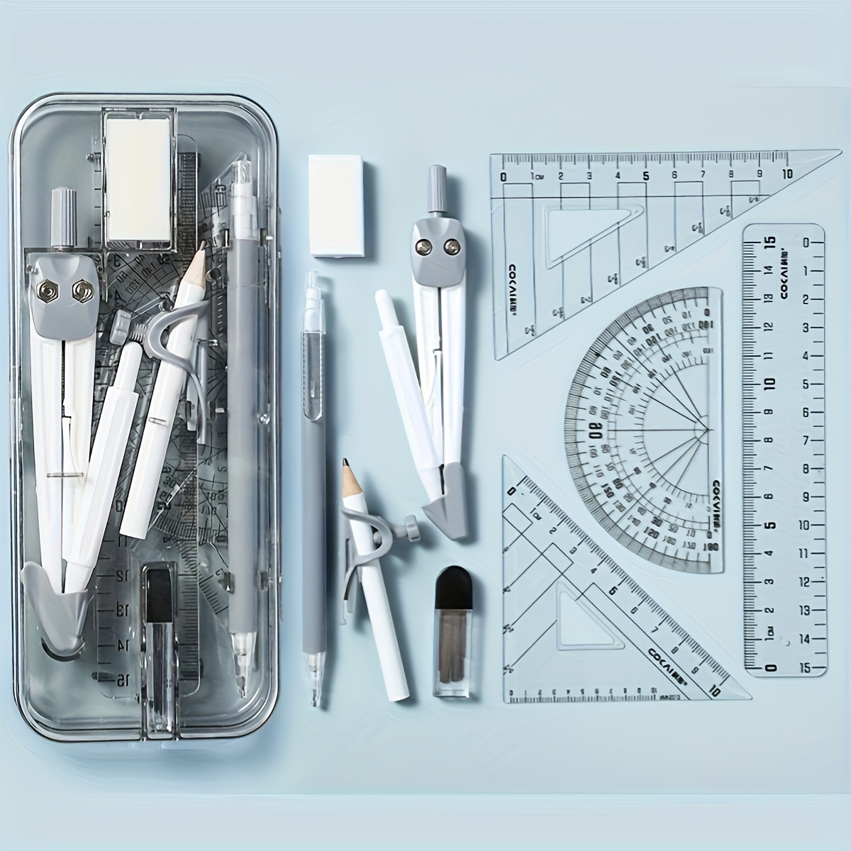 TEMU 1 Set Mathematik- Geometrie-Bastelset, 9-teiliges Bürobedarf-Set mit Aufbewahrungsbox, inklusive 2 Dreieckslineale, Winkelmesser, Lineal,