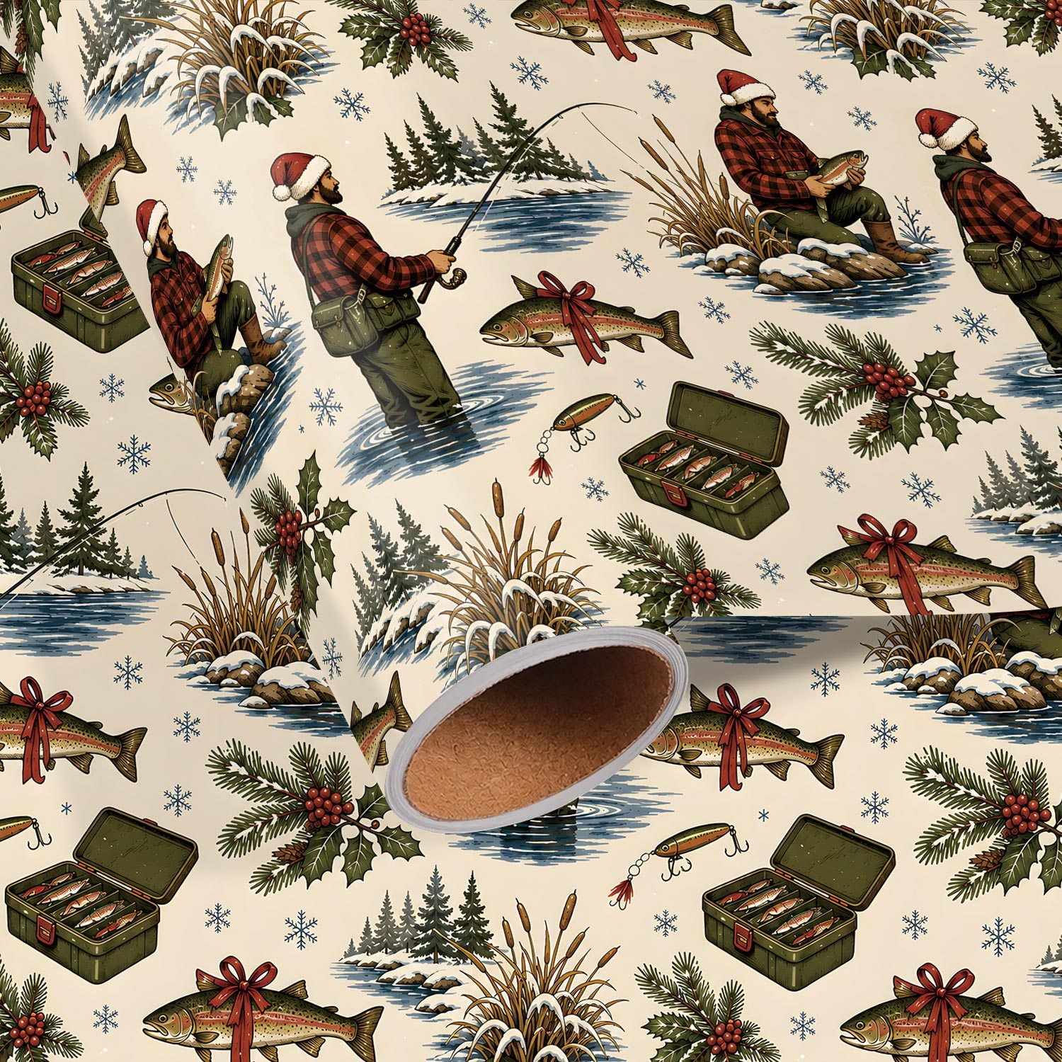 TEMU 1 Rouleau de de Noël Vintage, 17.7In X 118In, de Noël Pêcheur avec Truite, Boîte de Pêche, Leurres de Pêche, Branches de Pin, Paysage de d'Hiver