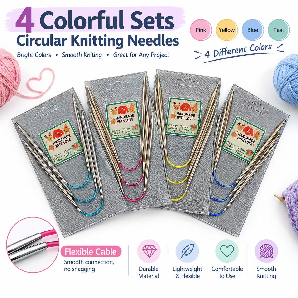 Flexible Double-Pointed Knitting Needles Set, 9 Inch