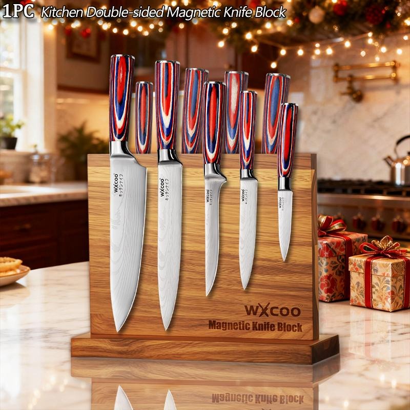 TEMU Home Kitchen Double-sided Wooden Magnetic Knife Block For Kitchen-friendly Kitchen Accessories No Drilling Storage Knife Block Organizer Tools