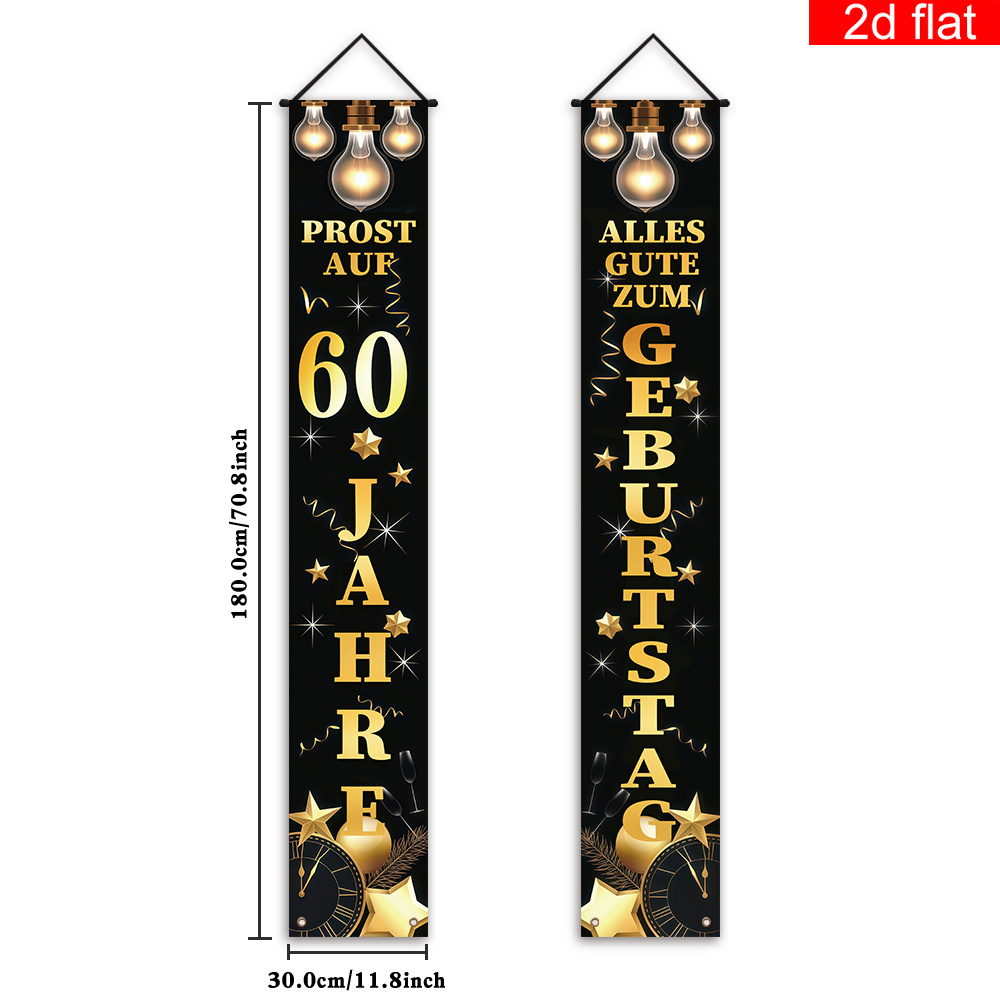 TEMU 2D-Flach, 2D-Flach-Banner, 2 Stück, Deutscher „Alles Gute zum 60. Geburtstag“-Spruch Veranda-Banner, Schwarz-Goldenes Themendesign, Geeignet für