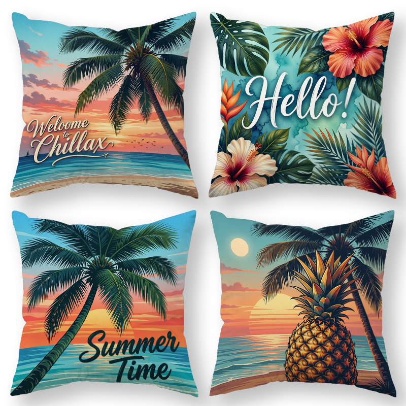 TEMU 4pcs Tropical Style Throw Pillow Covers, Decorative Cushion Cases, Beach & Palm Tree With 