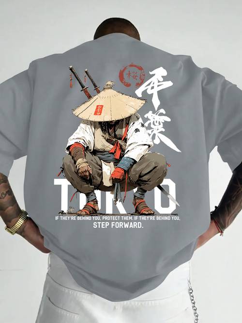item picture mens anime print short sleeve t shirt with samurai and hand drawn text design