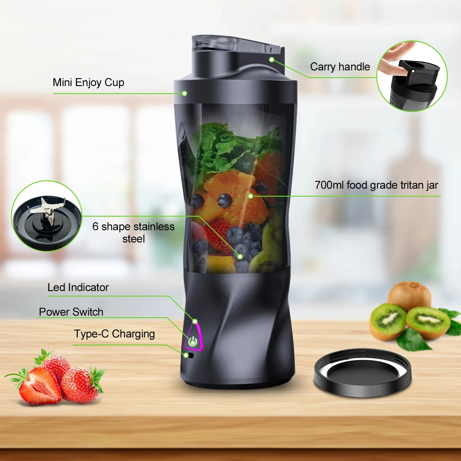 Portable Electric Juicer | 700ML Multifunctional USB Rechargeable Shake and Smoothie Mixer with Outdoor Mixing Cup, Stainless Steel Blades, Lithium Battery-18650 Series