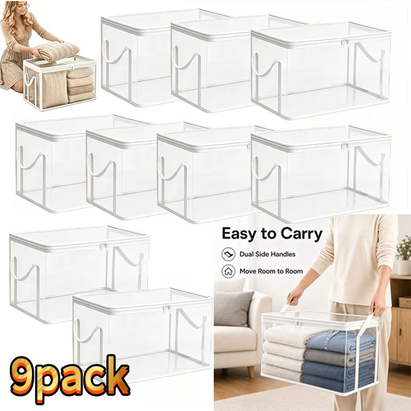 TEMU 9pack Large White Transparent Thickened Plastic Storage Bins, With Hinged Lid, Large Capacity Books And Clothes Storage Box- Space-saving Design