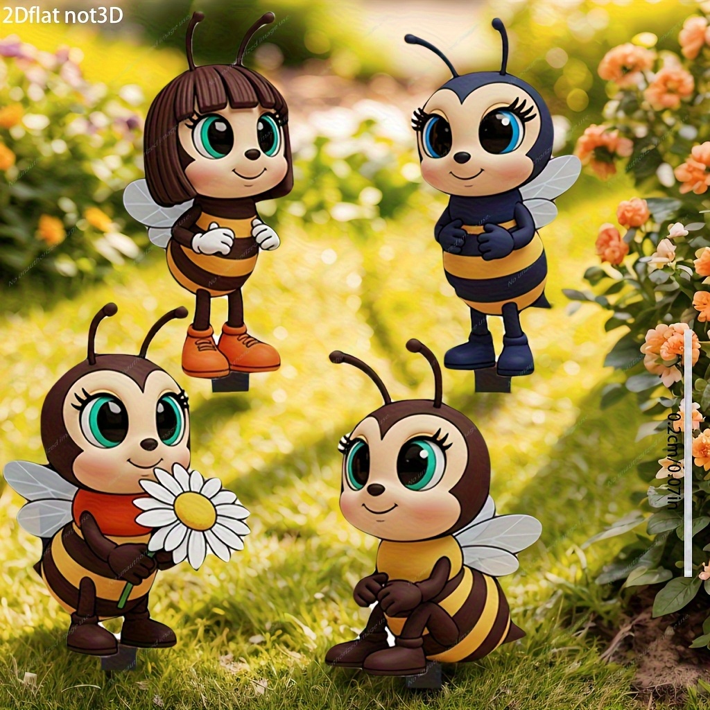 E-shop 2D-Flach, 2D-Flach 2D-Flach 4-teiliges Set niedliche Bienenfreunde Acryl-Gartendeko, geeignet für Innenhöfe, Rasen im Freien, Außendisplays