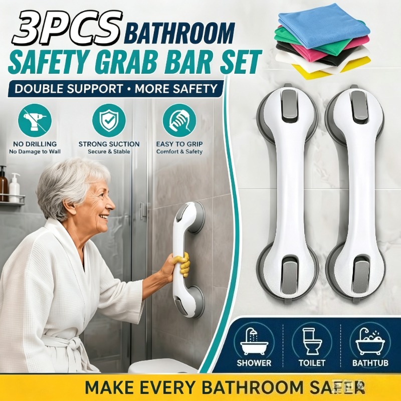 3-teiliges Set: 2 Badezimmer-Haltegriffe + 1 Handtuch in zufälliger Farbe. Bohrfreier Badezimmer-Haltegriff mit * Saugnäpfen, rutschfeste Stützgriffe. * für die Sicherheit in Badezimmern Duschräumen.