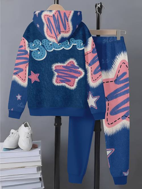 a two piece set for boys featuring a zip up hoodie with a hood and elastic waist pants stylish print hoodie and pants everyday wear and casual for outdoor