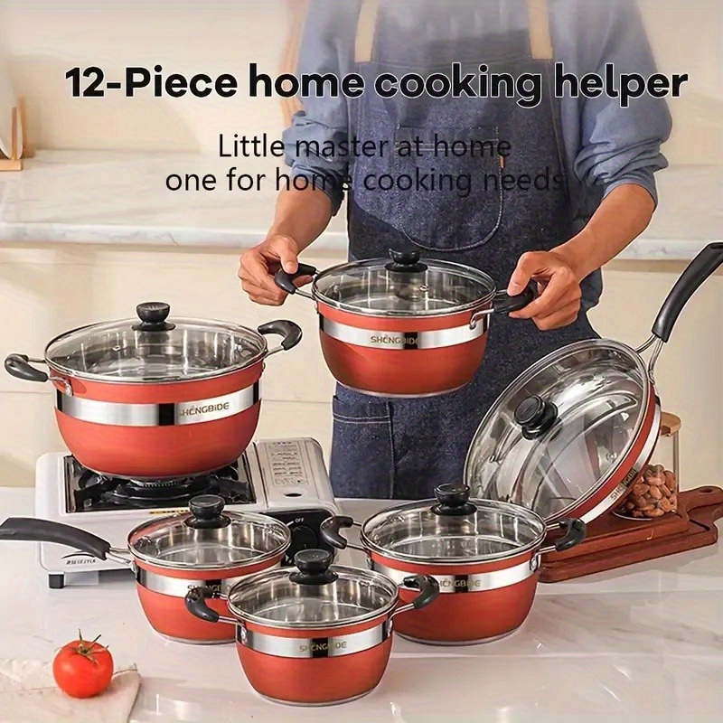 12 stainless steel combination pot orange red pot body including 4 pots 1 frying pan 1 milk pot and 6 lids thickened composite bottom anti burning ears suitable for family   and outdoor camping suitable for soup milk steak hot pot details 0