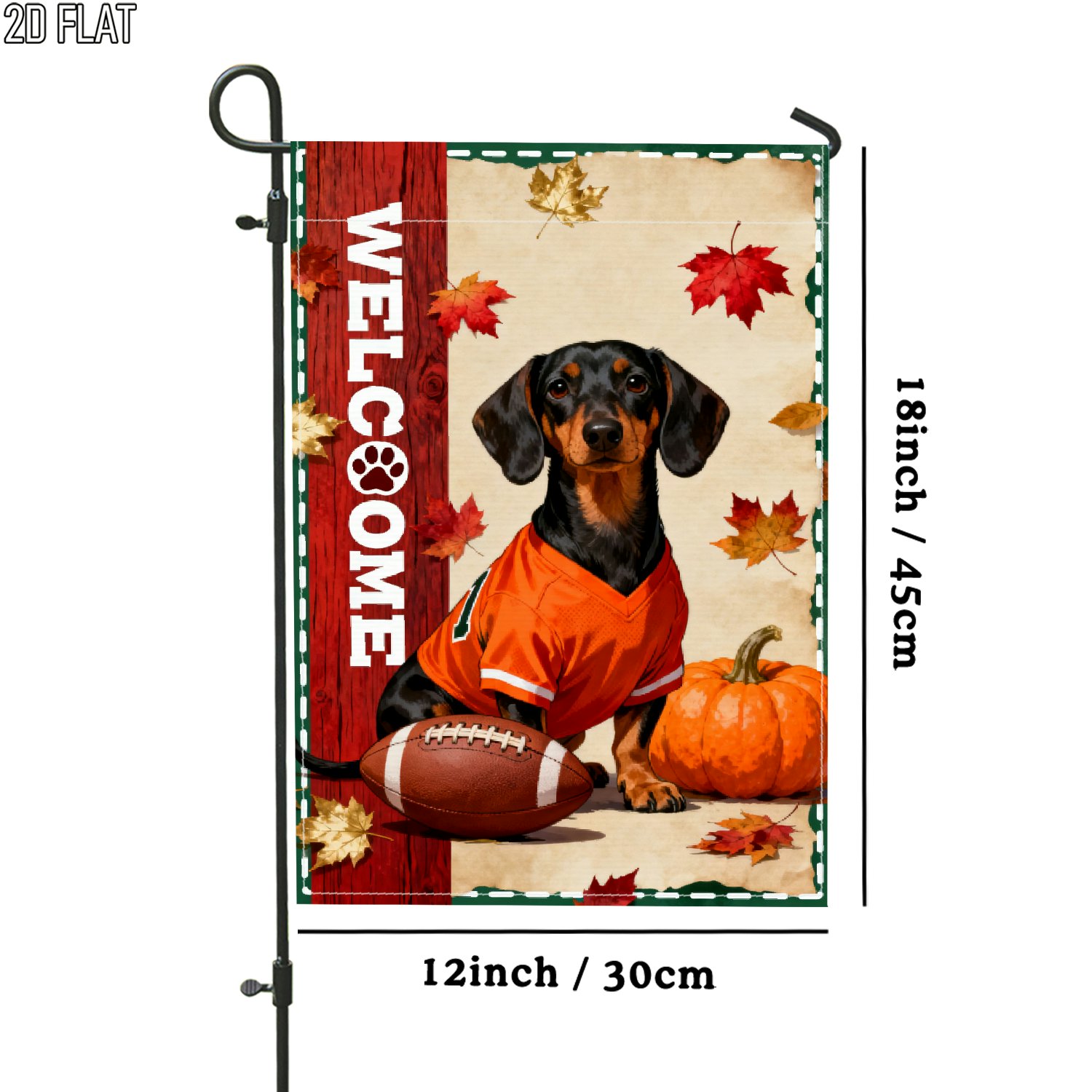TEMU 2d Flat - 2d Flat - 2d Flat 1pc Outdoor Garden Flag Autumn Dachshund Pumpkin Football Leaves Double-sided Flag Porch Decoration For Garden