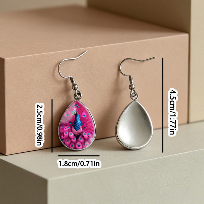 Women's Pink Blue Peacock Teardrop Glass Cabochon Earrings