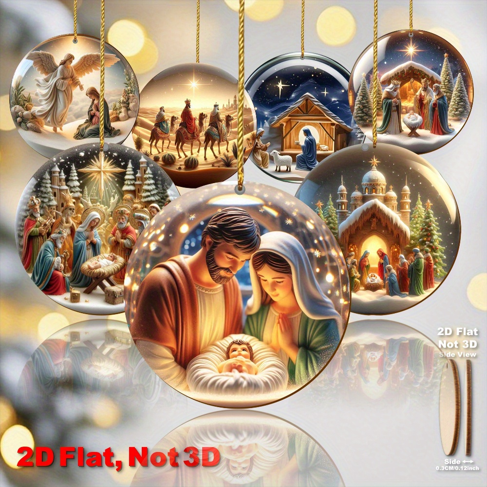 2D Flat, 18pcs Nativity Micro Scene Ornaments - 2D Flat Wooden Pendants with 3D Effect, Birthday Party Decorations, No Electricity Needed, for Christmas, New Year, Wedding Backdrops, Halloween, Thanksgiving - for home & Event Decoration