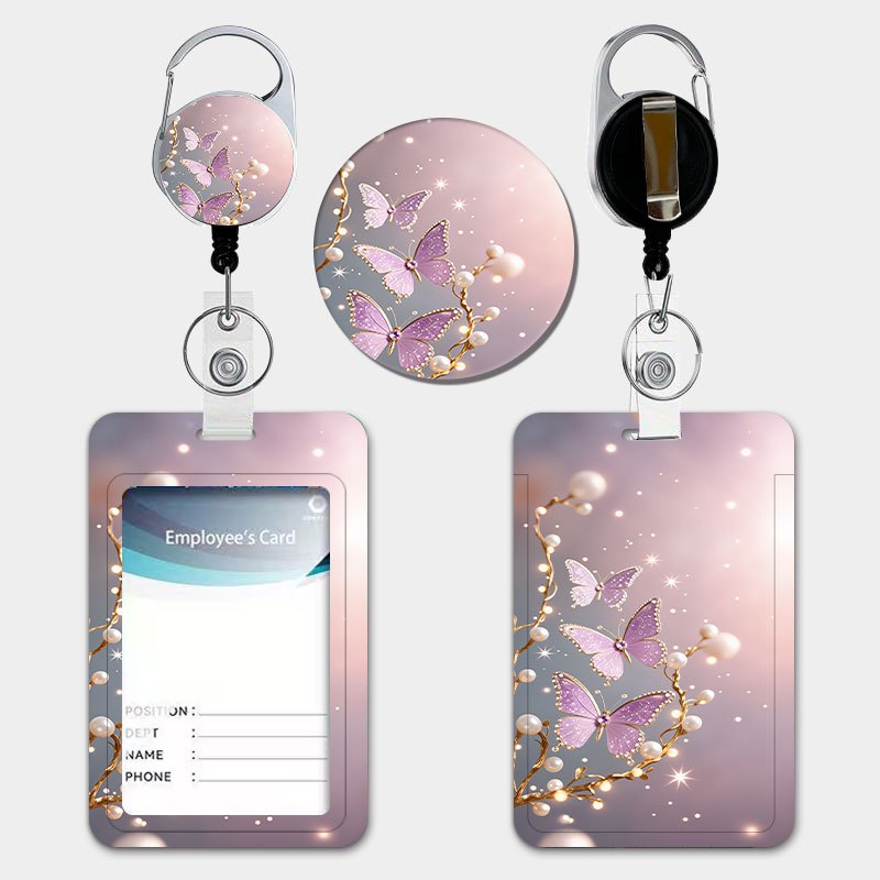 TEMU Purple Pearl Vine Print Holder Set, Featuring A Pull-tab Retractable Lanyard And Keychain. Durable Plastic Card Holder Suitable For Storing