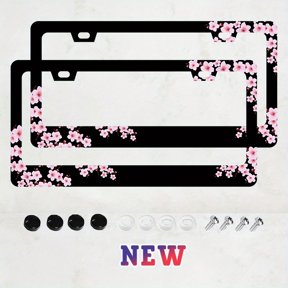 TEMU 2pcs Aluminum Material 2d Flat 2 License Plate Frames, 30.48x15.24 Cm, Aluminum, Cherry Design, Durable And Decorations, Including Screws, , Is