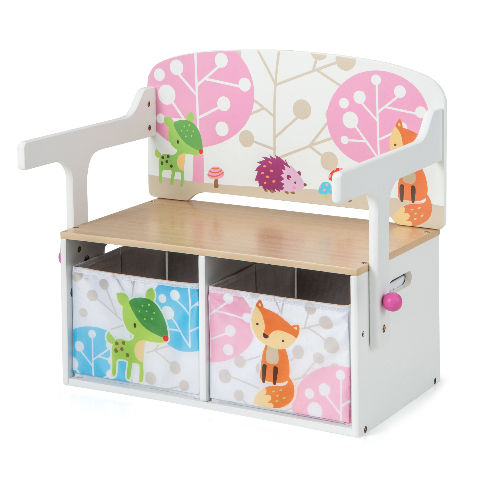 Image of 3in 1 Kids Table & Chair Set, Kids Convertible Activity Bench With 2 Removable Fabric Bins, Wooden Convertible Storage Bench For Playroom Bedroom, Conversion, White