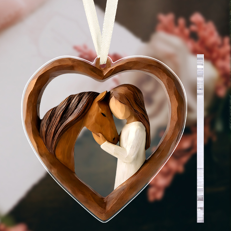 TEMU 2d Flat, 1pc Heart-shaped Pendant- Girl And Horse(white/brown/black) Design Acrylic Ornament, Suitable For Backpacks, Lanyards, Car Rearview