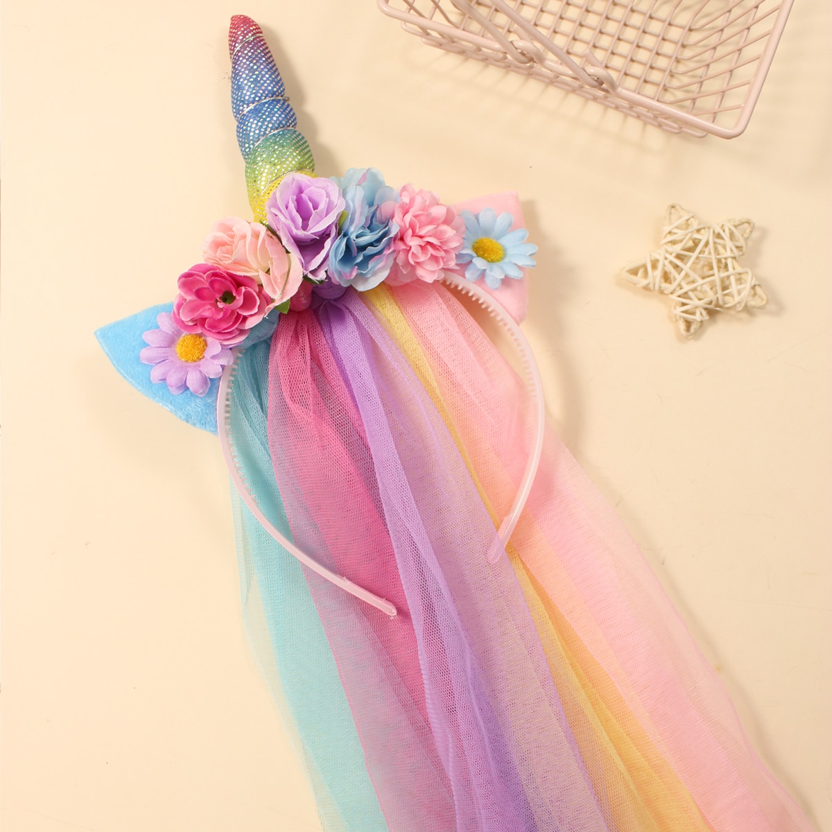 E-shop 1 Einhornfarbenes Tüll-Blumen-Stirnband, süß, fließend und lebendiges Haar-Accessoire