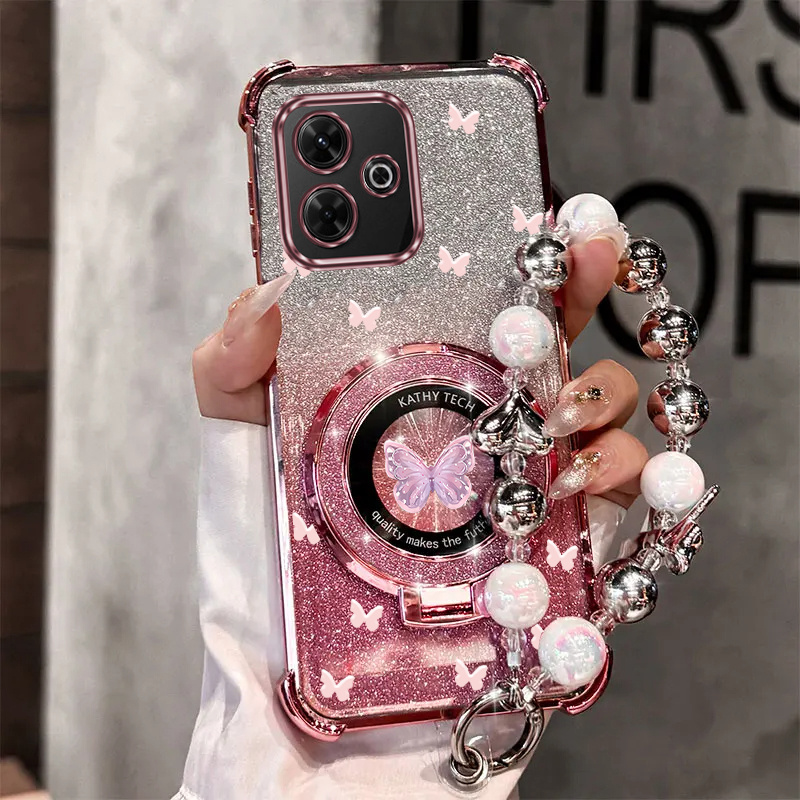 TEMU Phone Case: Luxury Pearl Wrist Strap Magnetic Glitter Phone Holder Case On For Xiaomi Redmi 13 Redmi13 Anti-knock Shock Proof Stand Back Cover