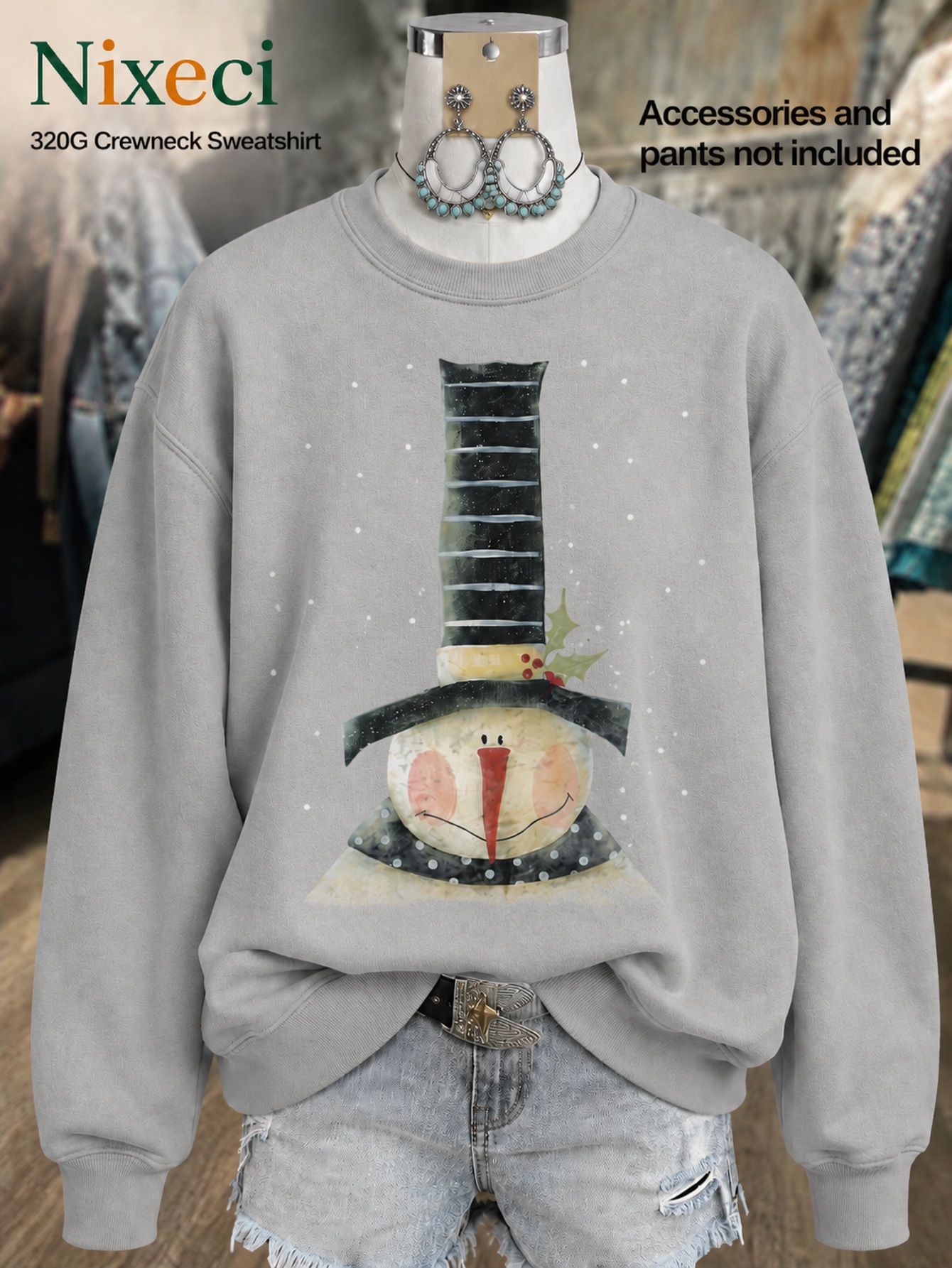 item picture   womens blend sweatshirt snowman with   watercolor illustration single sided     easy matching outfit seasonal wardrobe essential graphic top for daily casual outfits for halloween and thanksgiving