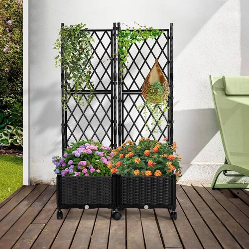 planter box with trellis 4ft tall self watering plastic raised garden beds and lattice trellis with lockable wheels drain plug for outdoor patio backyard balcony black 2pcs