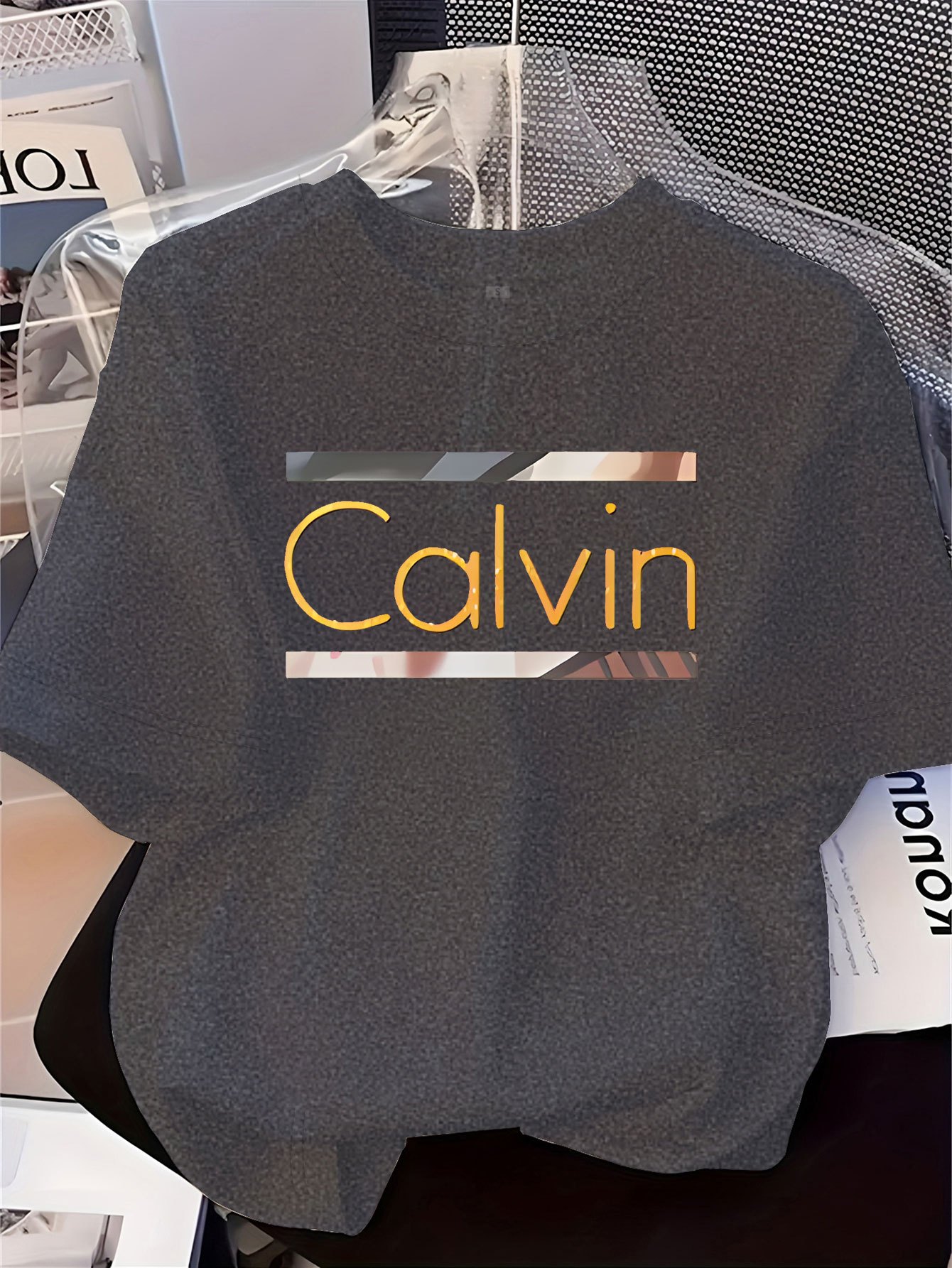 Women's Elegant Round Neck Short-Sleeve T-Shirt - Vibrant Red with White Calvin Monogram Print, Soft Fabric, Casual Versatile Top for Spring & Summer, Machine Washable, Casual Attire, Stylish Letter Print, Comfortable Fit