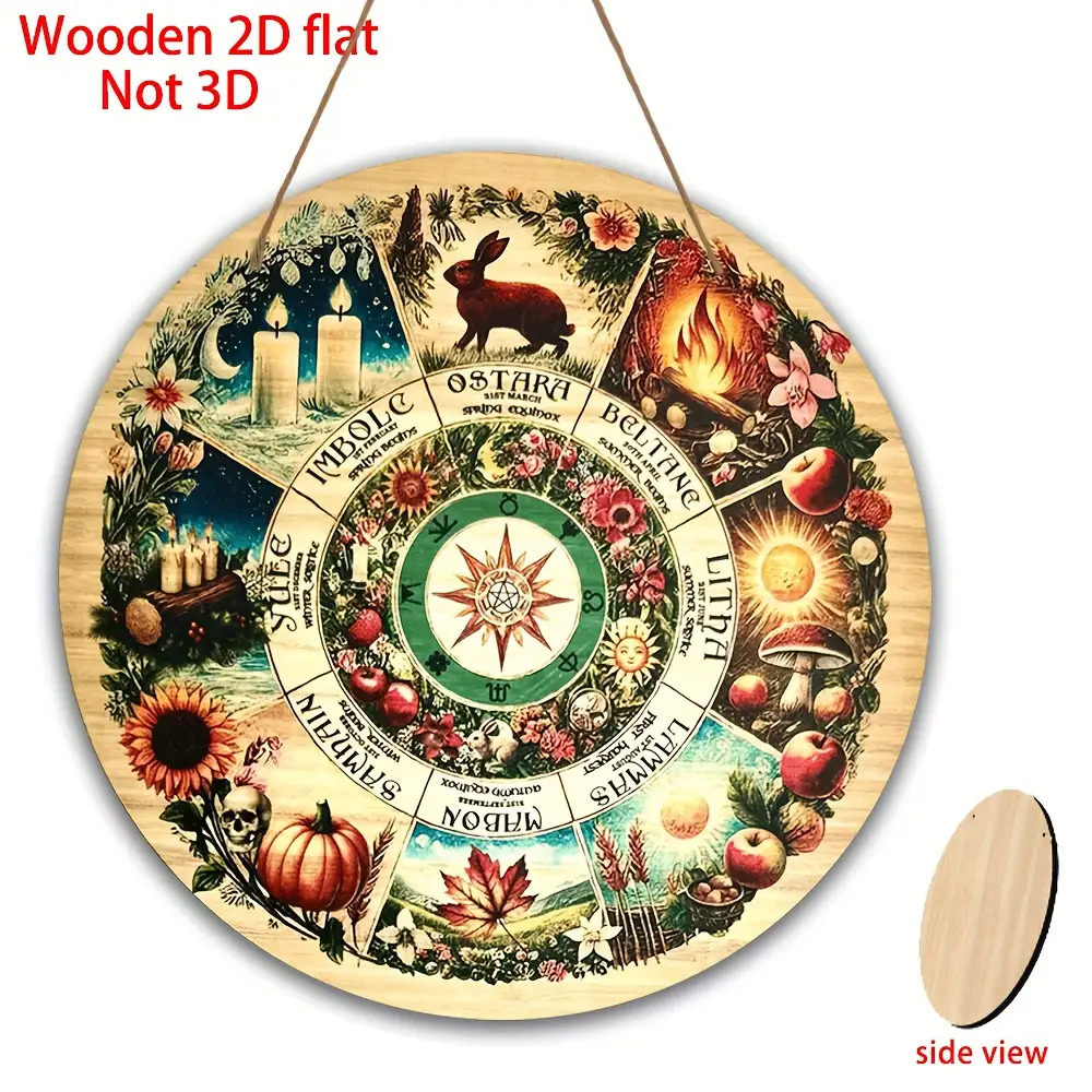 TEMU 2d Wooden Seasonal Wheel Wall Decor Round Celtic Wiccan Style Festival Ornament With Spring Summer Autumn Winter New Full Ostara Litha