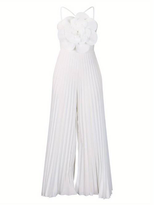new womens european and hanging neck three dimensional flower solid color wide leg plus size trade jumpsuit