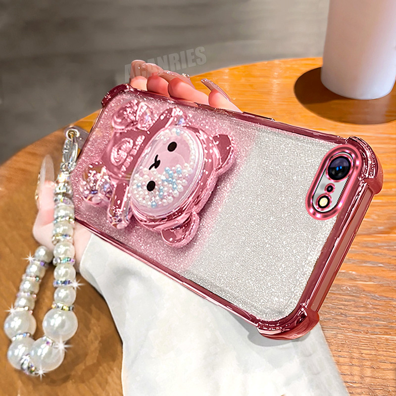 TEMU Phone Case - Pearl Glitter Lanyard Chain Wrist Strap Cute Plating Quicksand Bead Bear Bracket Folding Stand Holder Luxury Gradient Shockproof