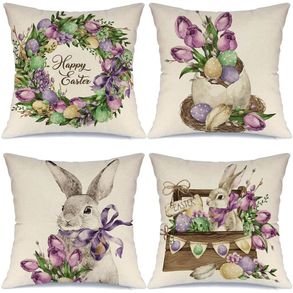 

4pcs Easter Throw Pillow Covers - Purple & , Spring Farmhouse Decor For Home Sofa Couch, Machine Washable Polyester, Zip Closure