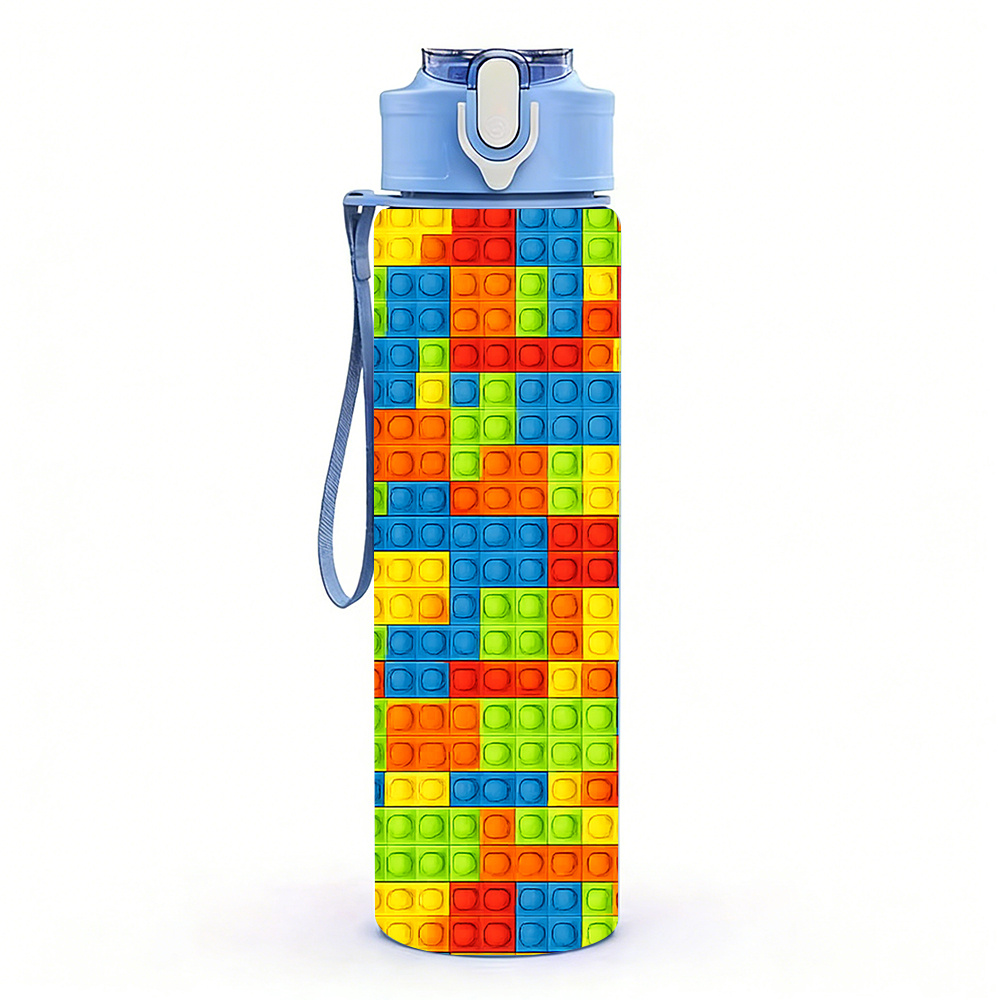 TEMU 1pc Colored Building Blocks, 750ml 26oz Colored Plastic Sports Water Bottle, Cute Print, Leak-proof With Pop-up Lid, Suitable For Outdoor Sports
