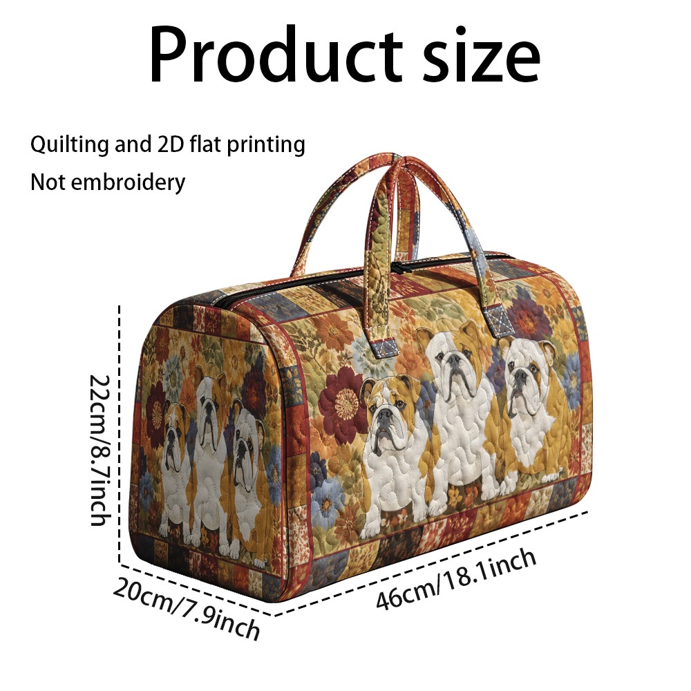 TEMU 1pc Ridesay Bulldog Quilted Handbag & Foldable Tote Suitable For Camping, Gym, Travel - Quilted With Bulldog Trio Print, Rectangular Storage For