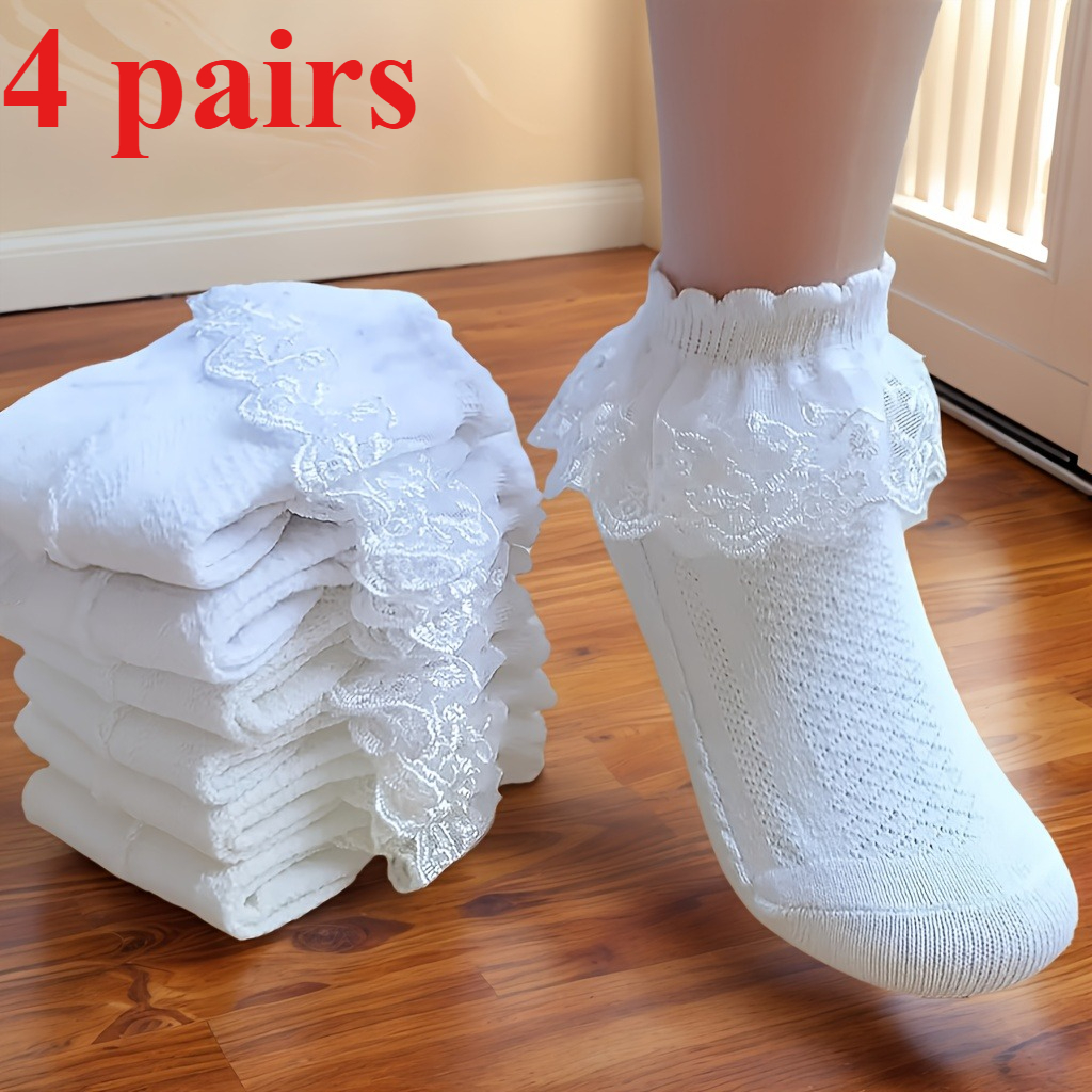 TEMU 4 Pairs Women's Lace Trim Socks, Ruffle Ankle Socks, Thickened Version, Wear, Comfortable And Breathable For Daily Outfits