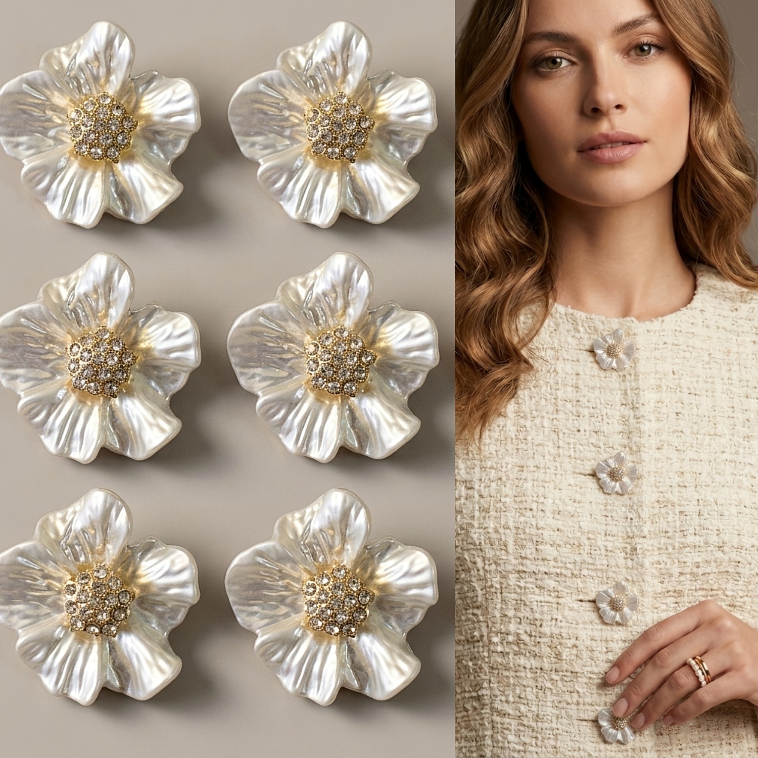 TEMU Set di 6 bottoni in metallo con fiori assortiti, perline barocche francesi e strass decorativi a forma di , accessori per abbigliamento qualit�,