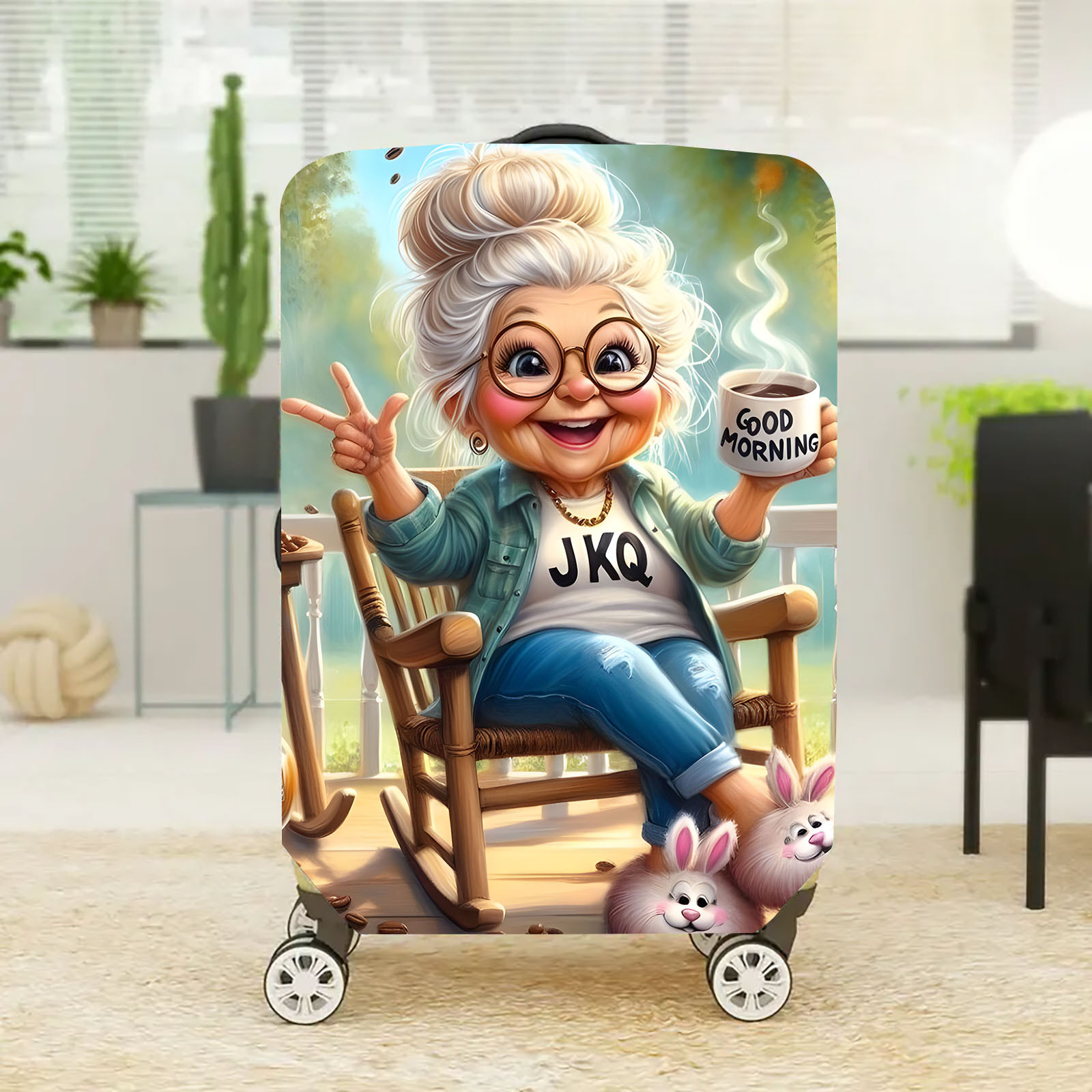 TEMU 1pc Lady Sipping Coffee Luggage Cover - Cute Granny Suitcase, Durable Travel Accessory Fits 18-32 Inch Bags For , Business, Vacation, Back To